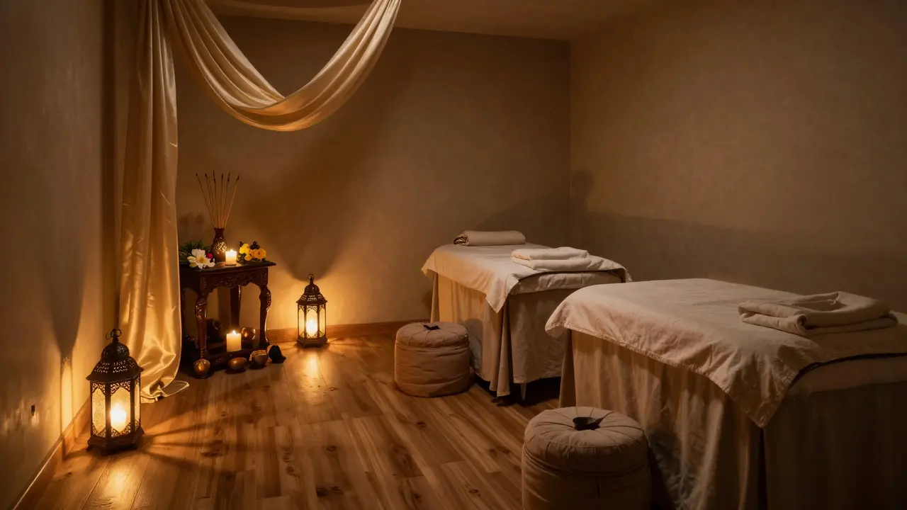 Serene Dubai spa interior with wooden floors, incense, and soft lighting