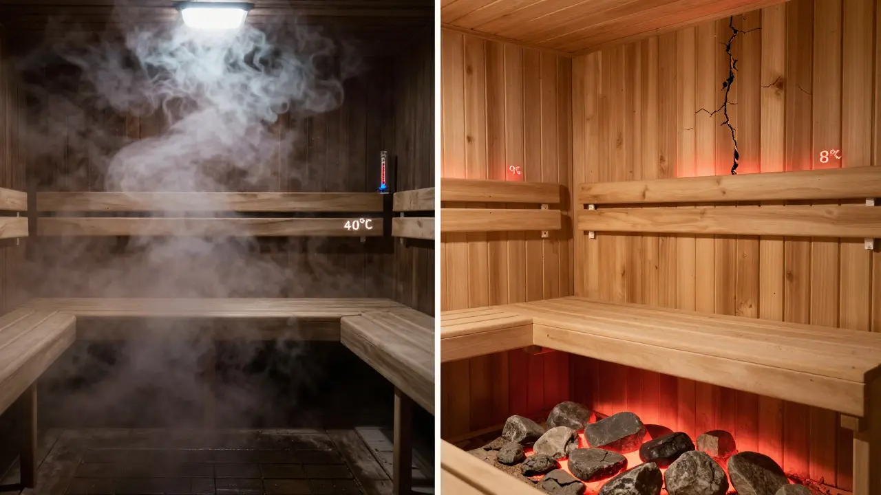 Side-by-side comparison of a steam room and dry sauna with contrasting environments.
