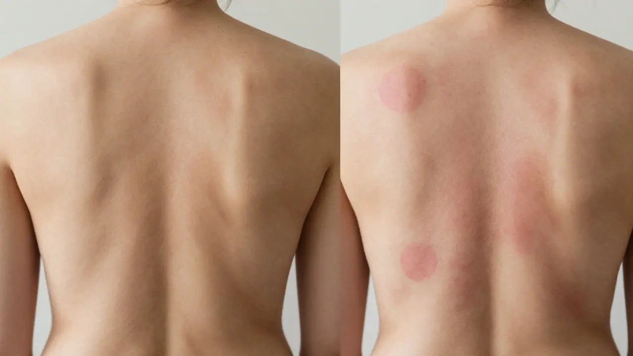 Side-by-side comparison of skin before and after cupping with faint red marks.