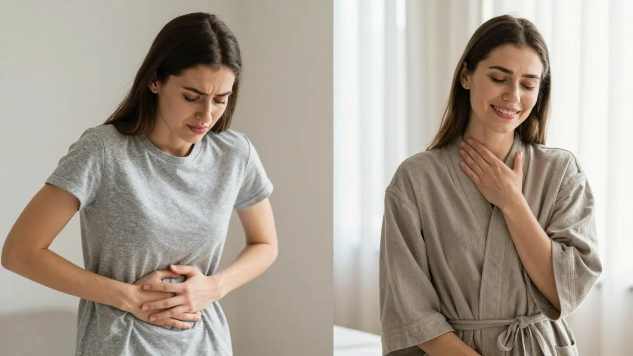 Side-by-side of person before and after abdominal massage showing relief and calm