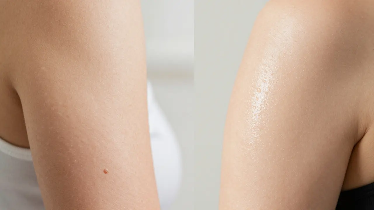 Side-by-side skin texture: rough, bumpy skin versus smooth, glowing skin after lactic acid use.