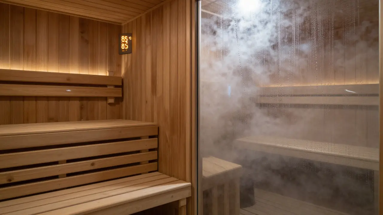 Side-by-side view of a dry sauna and a steam room showing their different environments.