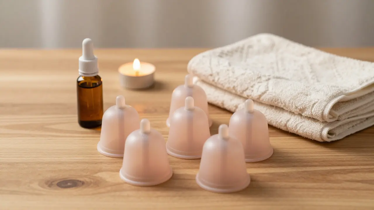 Silicone cupping cups and natural oil bottle arranged neatly on a wooden table.
