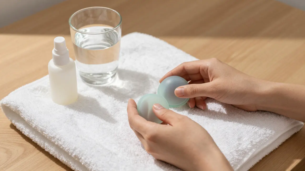 Silicone cupping tools and water bottle on towel beside lotion