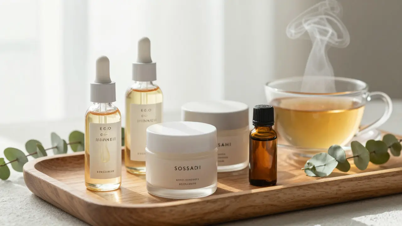 Sodashi natural skincare products on a wooden tray beside herbal tea, with eucalyptus leaf detail.