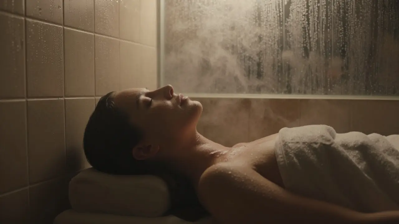 Someone relaxing in a steam room with eucalyptus vapor rising around them.