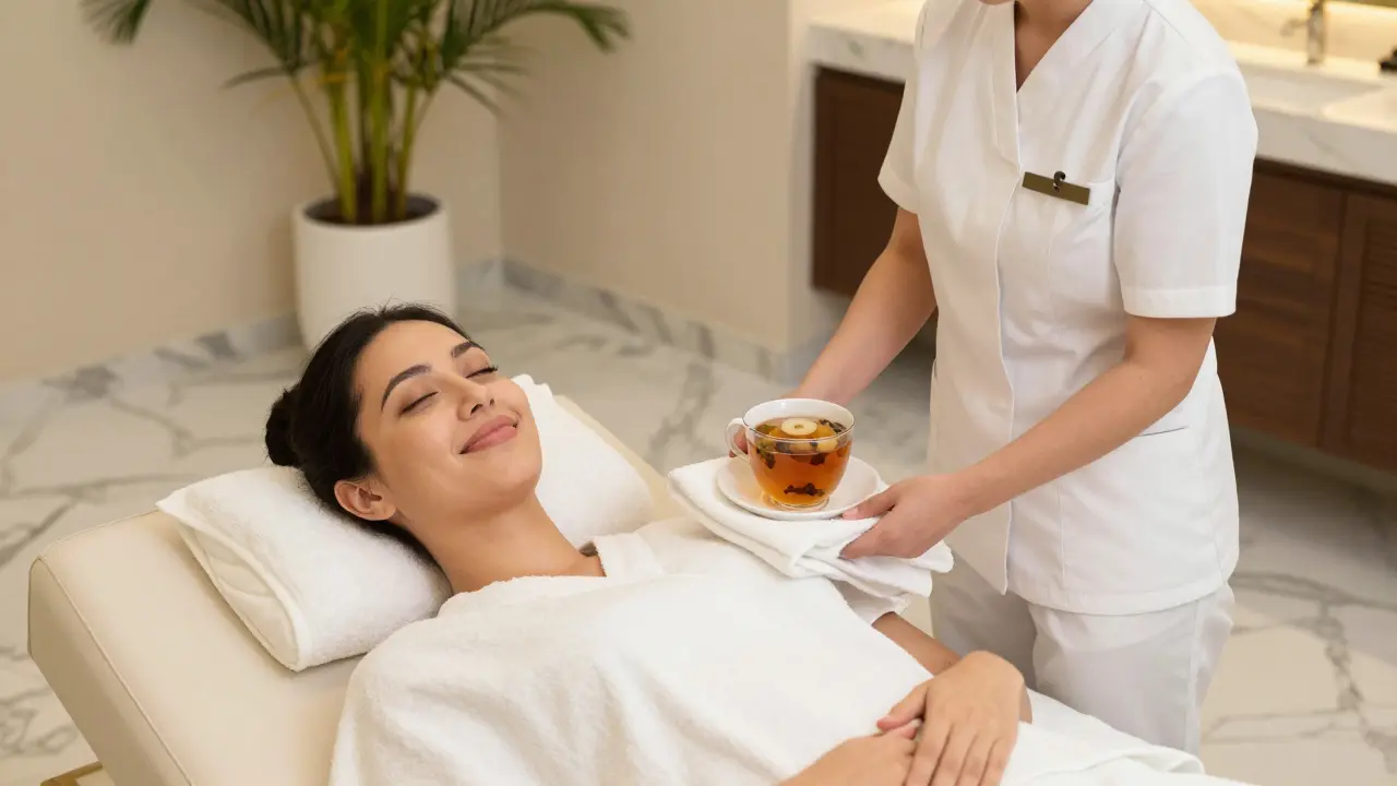 Spa therapist offering a warm towel and herbal tea to a guest in a luxurious Dubai spa setting.