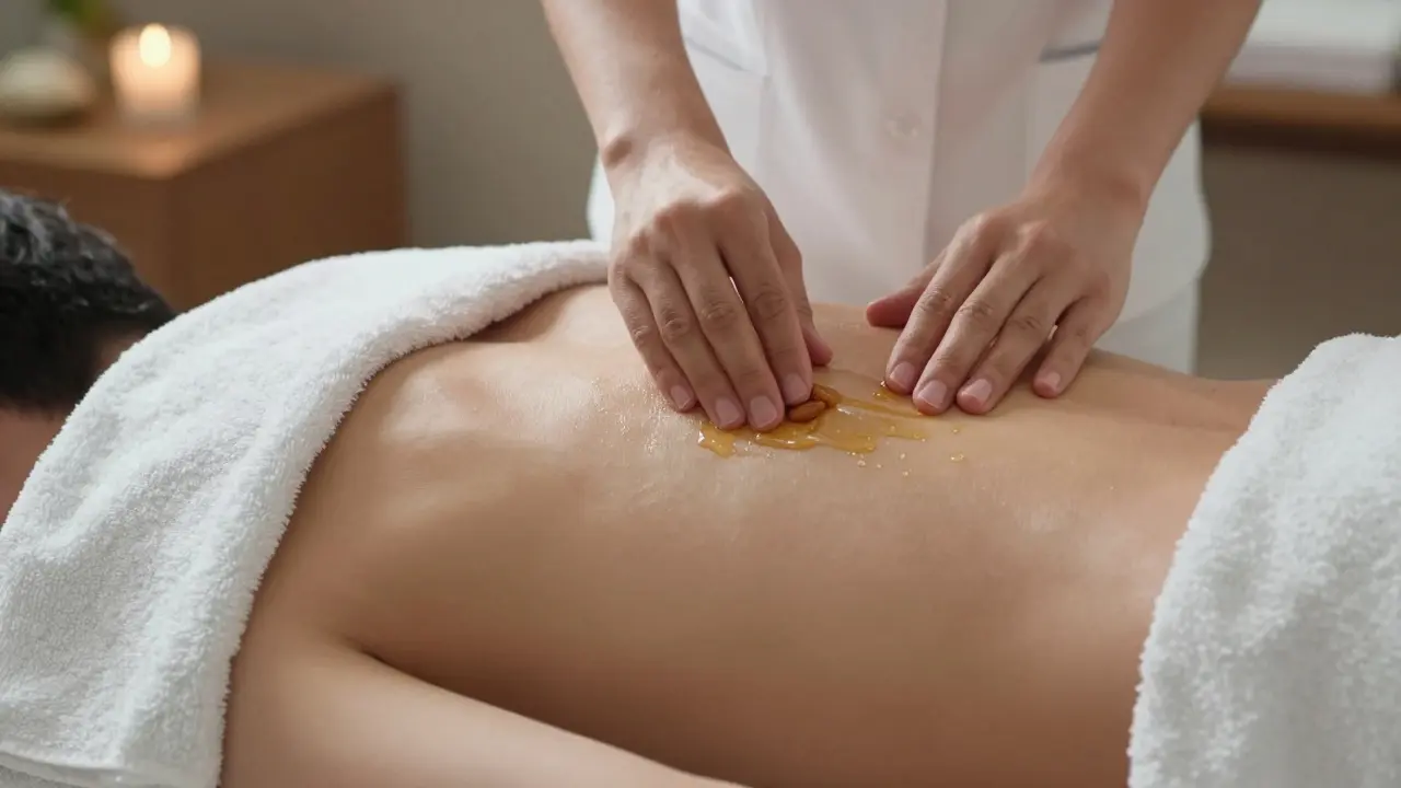 Therapist's hands applying oil to a man's back, with a towel draped modestly over the hips.