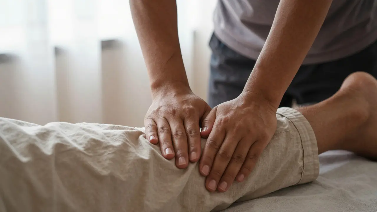 Therapist's hands applying pressure on a client's leg through cotton fabric during Thai massage.