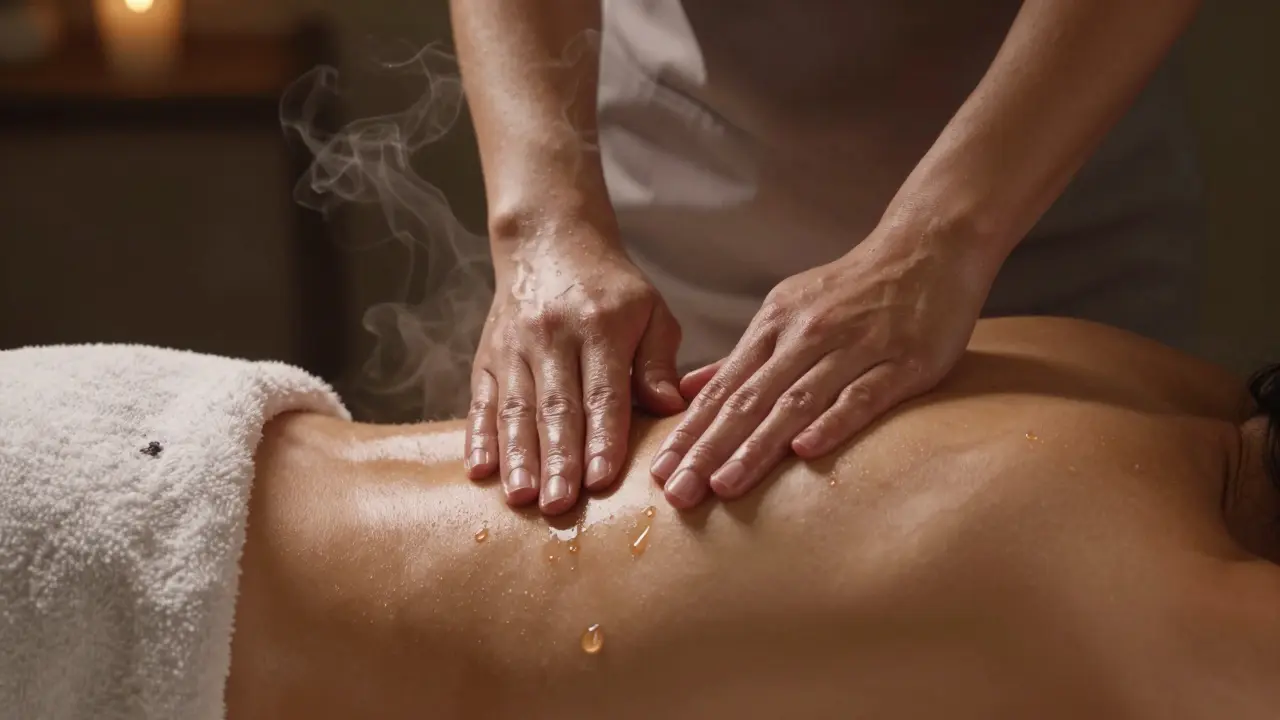 Therapist's hands massaging a back with faint lavender mist rising, oil glistening on skin.