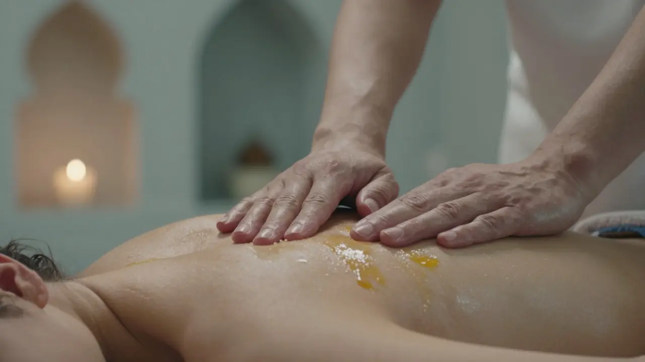 Therapist's hands massaging shoulders with lavender oil, soft focus on a quiet spa background.