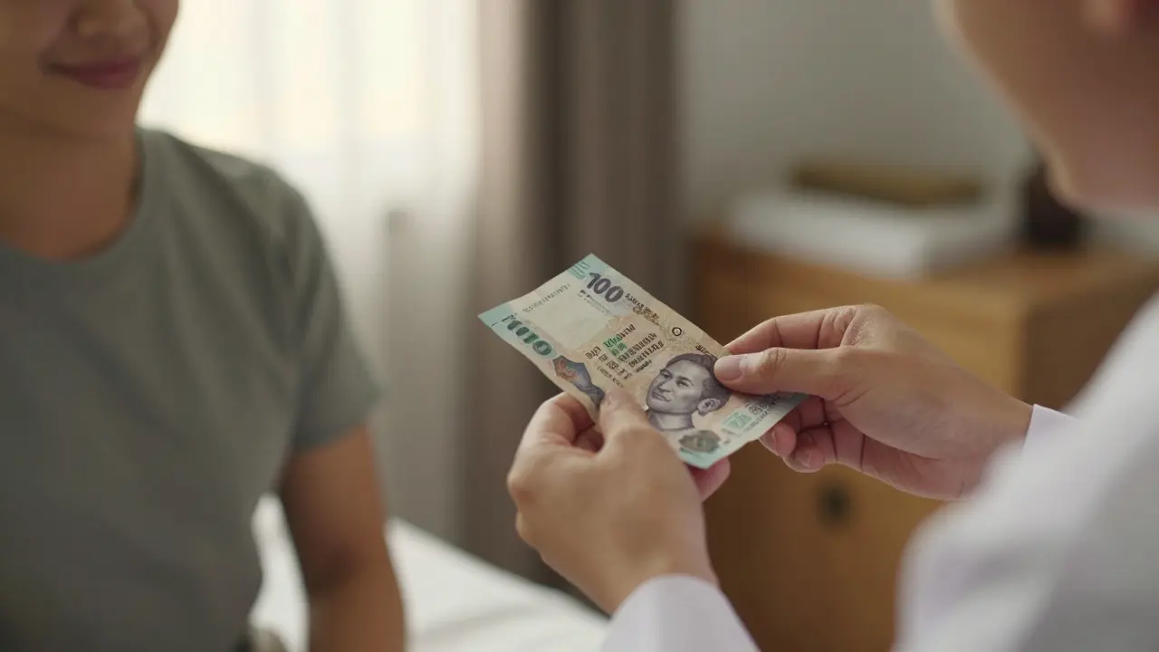 Therapist's hands receiving a 100-baht note from a smiling client in a serene setting.