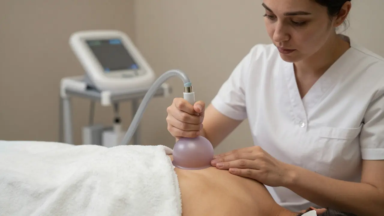 Therapist adjusting a silicone cup with a manual pump on a client's shoulder