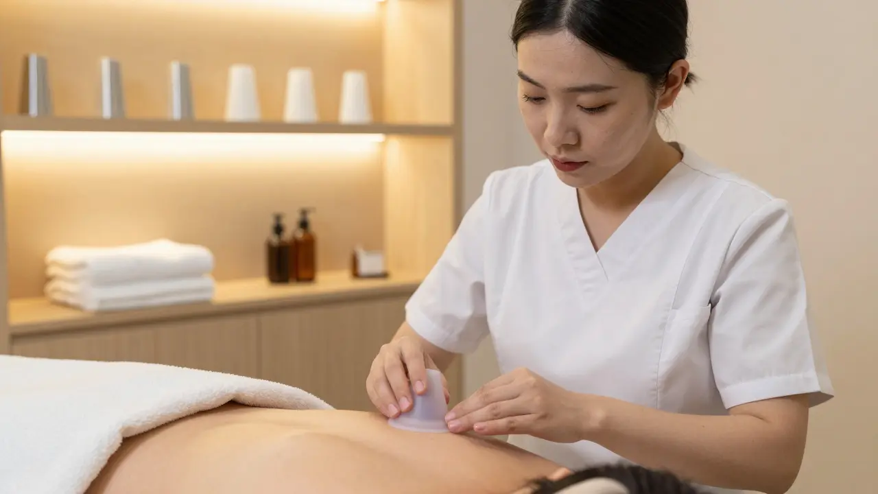 Therapist gently removing a silicone cup from a client's shoulder