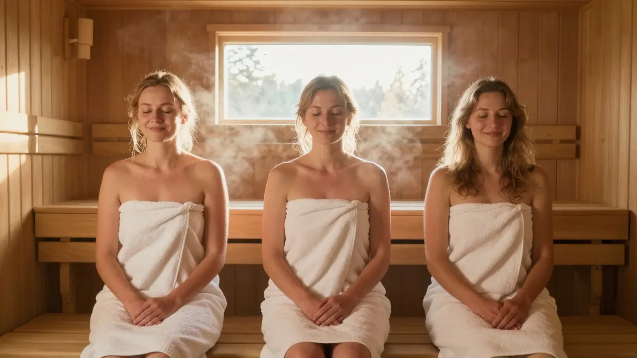 Three women in towels sitting peacefully in a Finnish sauna, natural light streaming in.