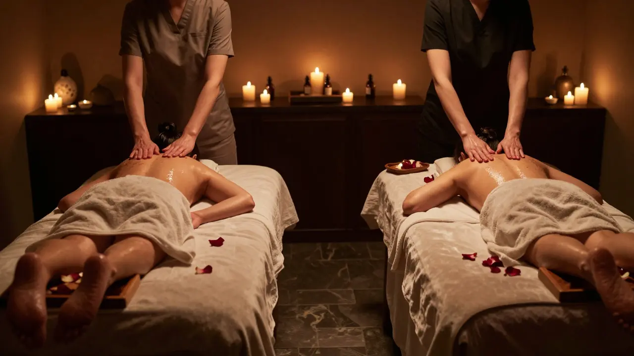 Two massage tables side by side in a candlelit spa room with therapists working quietly.