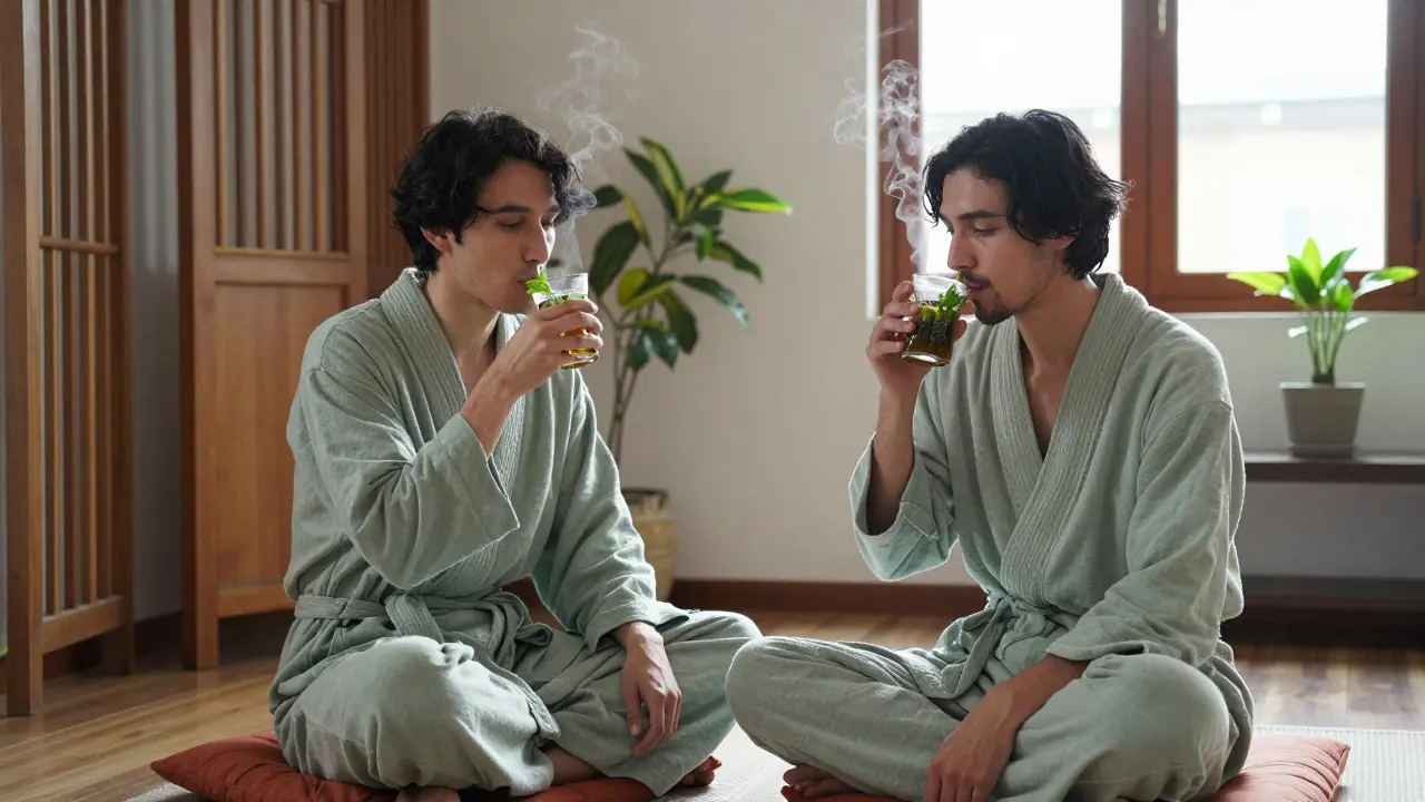 Two people in robes sip mint tea quietly in a calm cool room after their hammam session.
