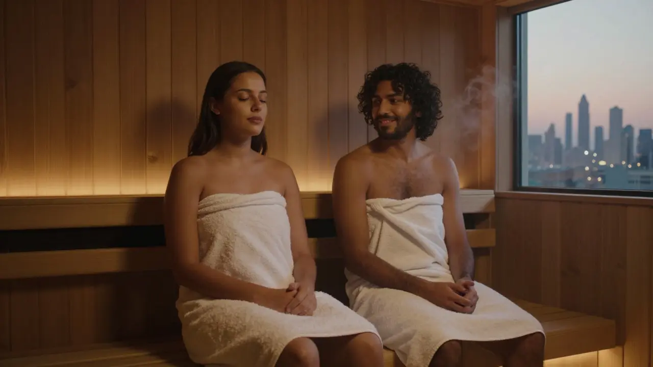 Two people quietly enjoying a private sauna session in Dubai.