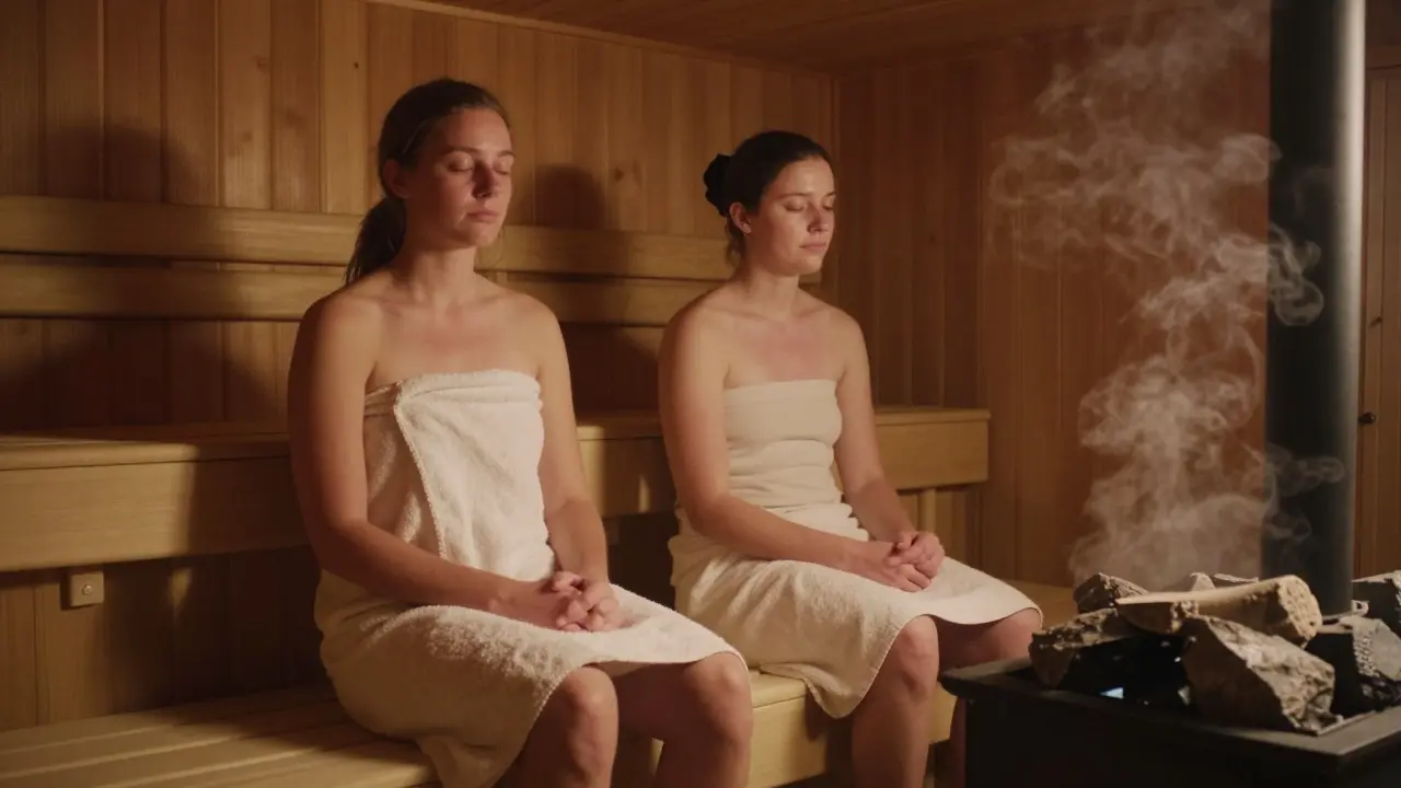 Two people quietly enjoying a wooden sauna with warm light and steam.