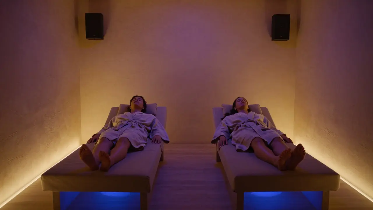 Two people relaxed side by side on heated beds in a private spa suite, softly lit and undisturbed.