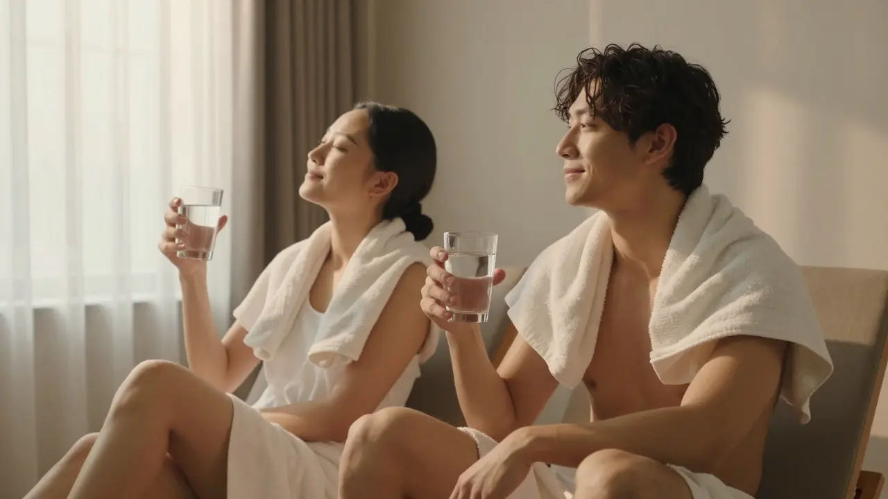Two people relaxing after a steam session, drinking water and smiling calmly.