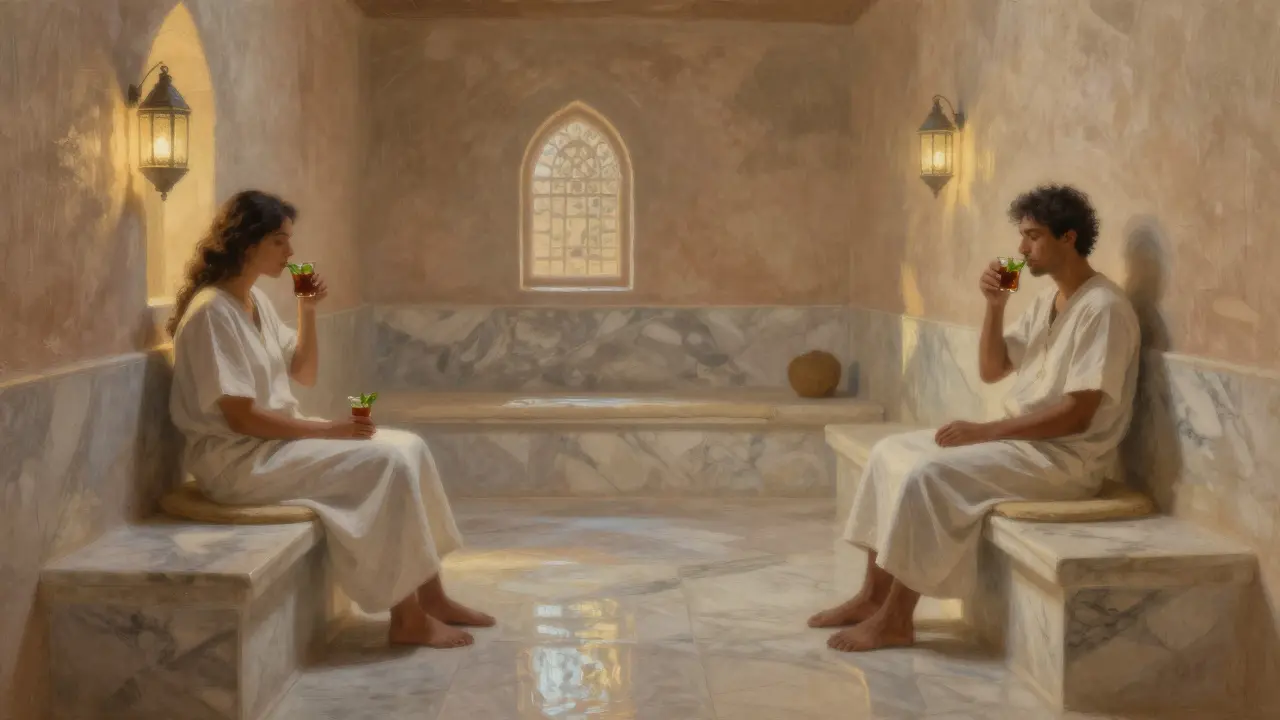 Two people relaxing in a quiet cool room with mint tea and marble floors.