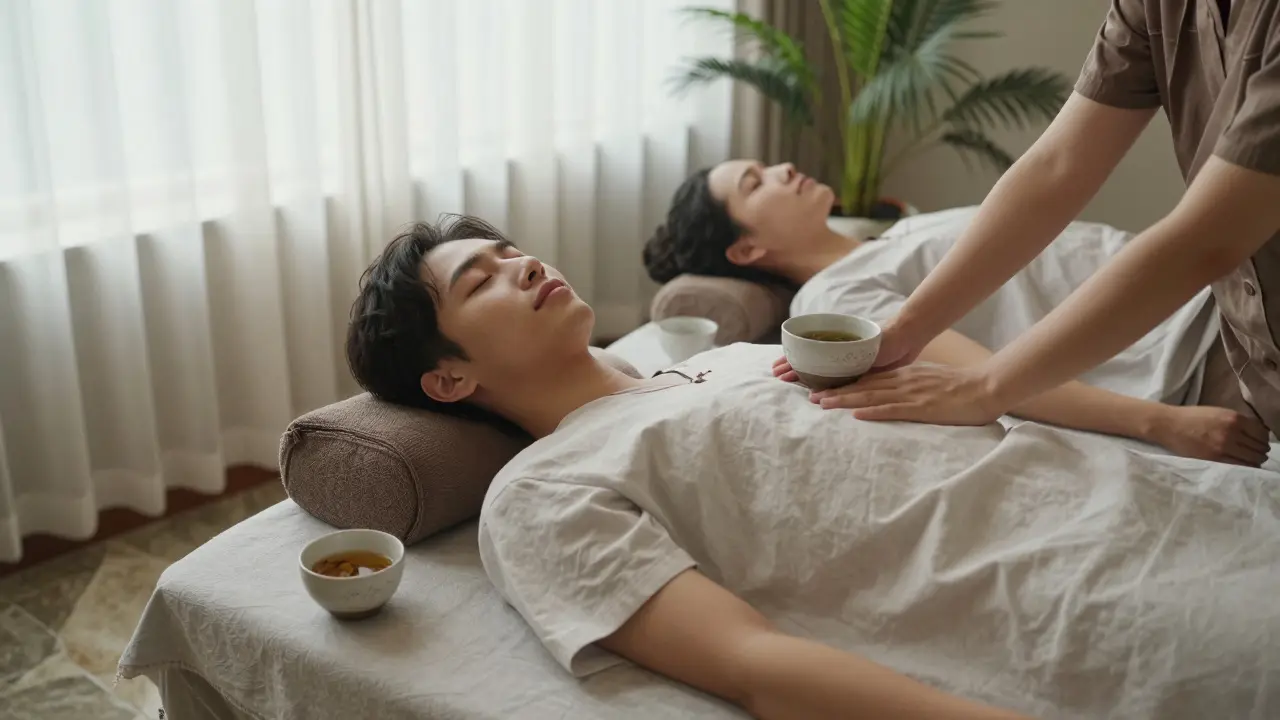 Two people relaxing in spa lounge after massage, sipping herbal tea quietly