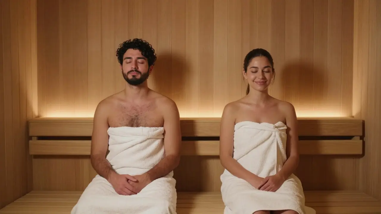 Two people sitting quietly together in a dimly lit sauna, both relaxed and at ease.
