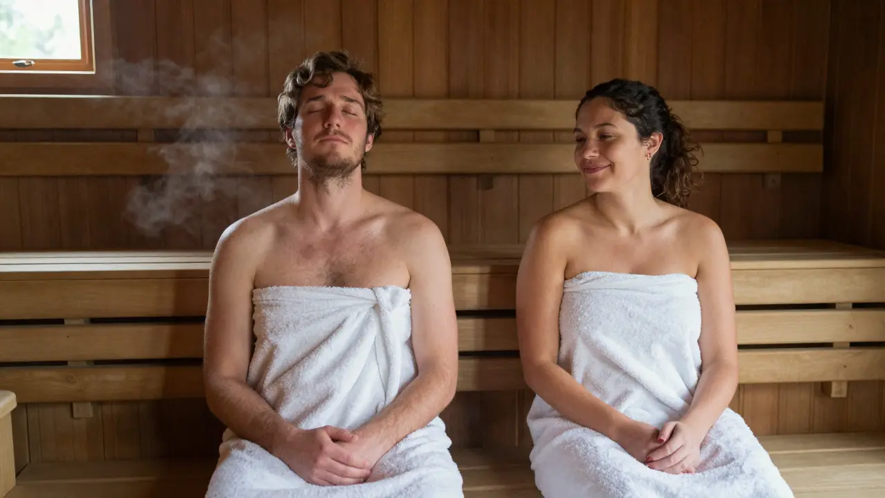 Two people sitting quietly together in a sauna, one eyes closed, one smiling.