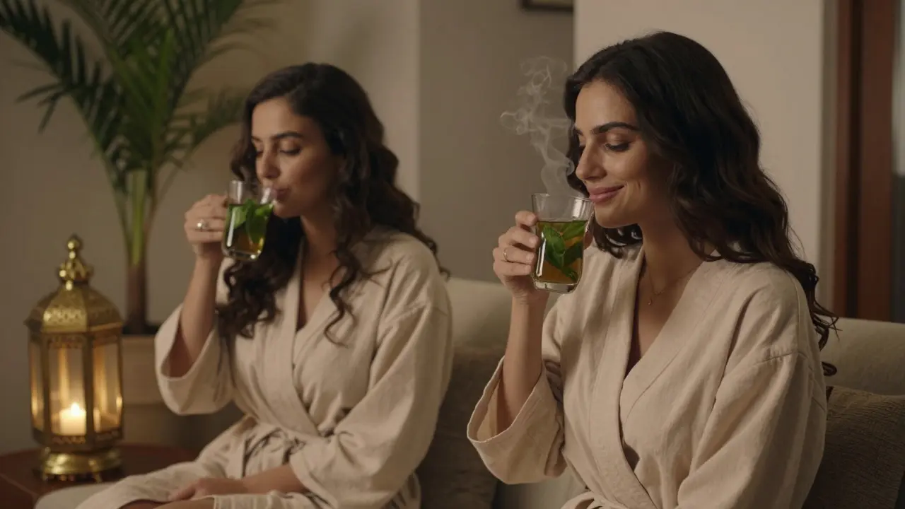 Two women in robes sipping mint tea in a quiet, candlelit spa lounge.