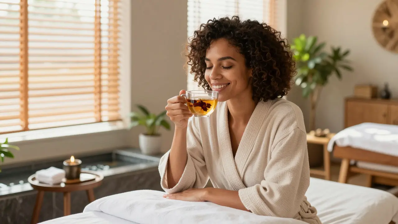 Woman smiling while drinking herbal tea in a calm spa lounge after a massage.
