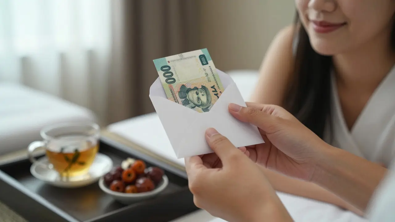 A cash tip handed in an envelope to a smiling spa therapist.