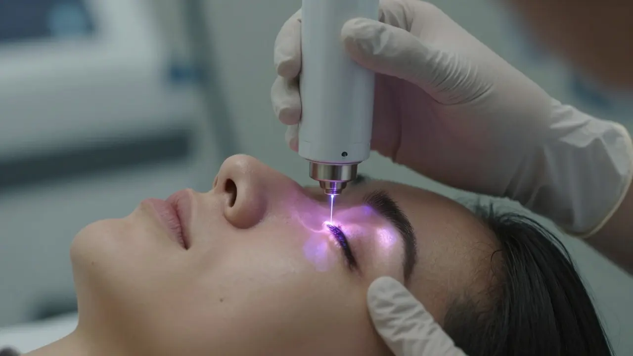 A close-up of a gloved hand applying a precise laser treatment to facial skin.