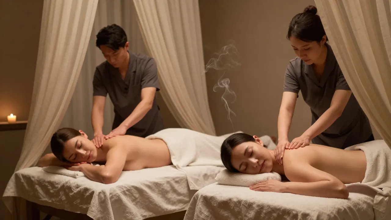 A couple relaxes side by side, each receiving a massage in a private spa suite with draped towels.