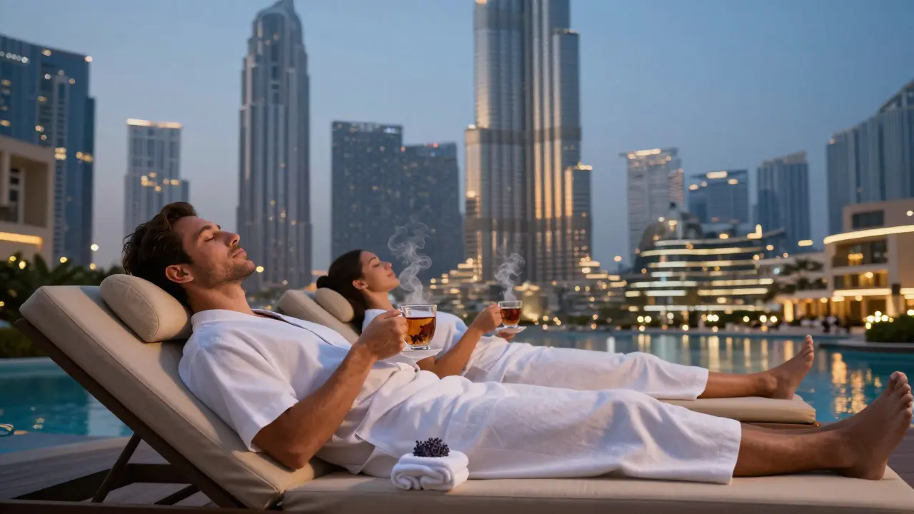 A couple relaxing in a luxury spa lounge with tea and a view of Dubai's skyline at dusk.
