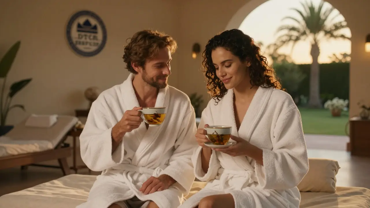 A couple relaxing with herbal tea after a massage, smiling softly in robes.
