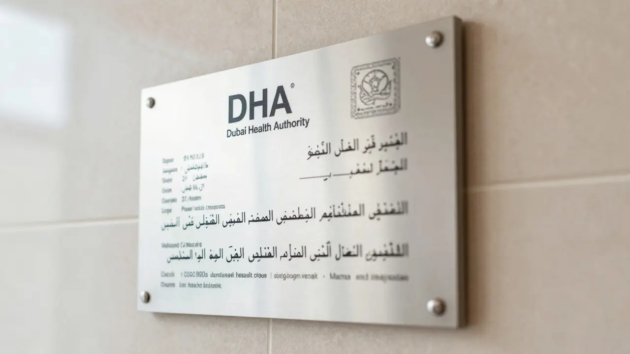 A DHA license displayed on a spa wall with Arabic and English text.