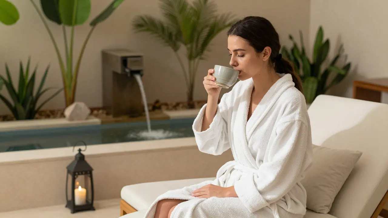 A guest in a white robe sipping tea in a peaceful lounge with a water fountain nearby.