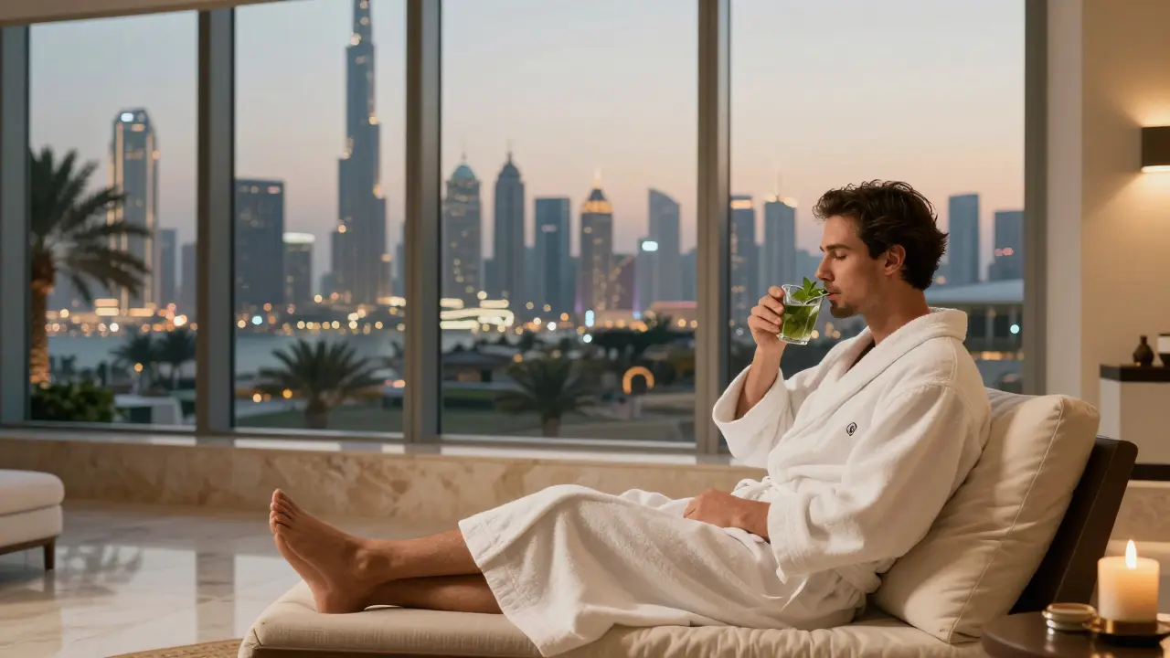 A guest relaxing in a robe, enjoying mint tea with a view of Dubai's skyline.