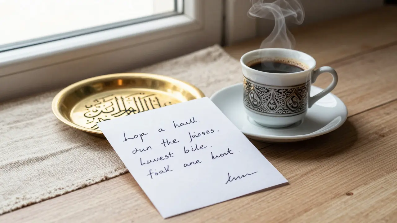 A handwritten note on a traditional Emirati coffee cup.