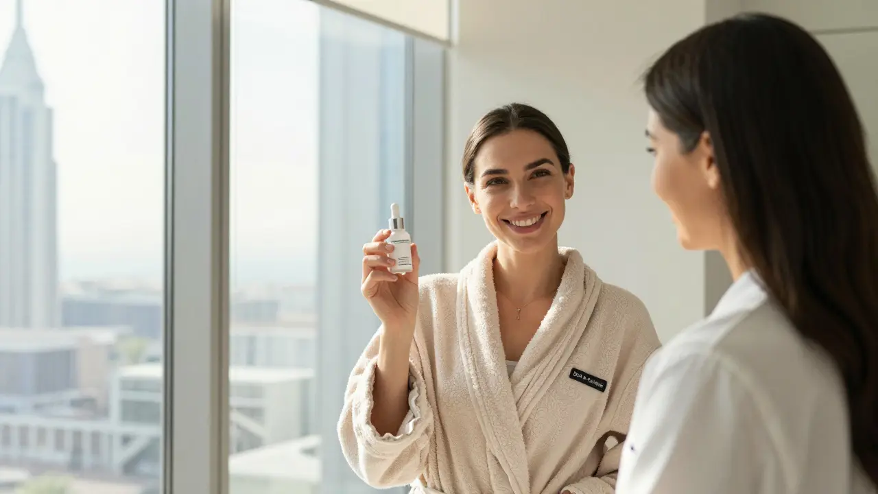 A happy client holding post-treatment serum as a certified technician smiles in the background.