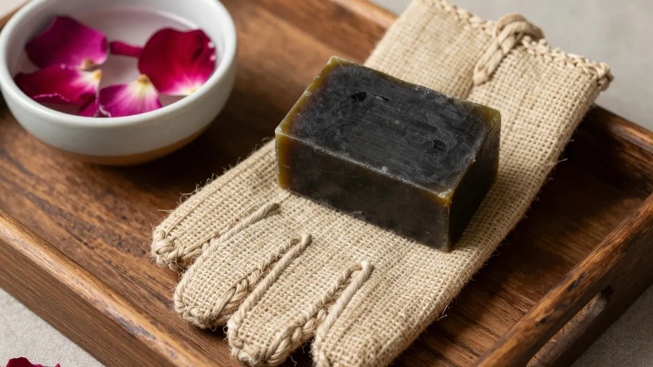 A kessa glove and black soap beside a bowl of rosewater on a wooden tray.