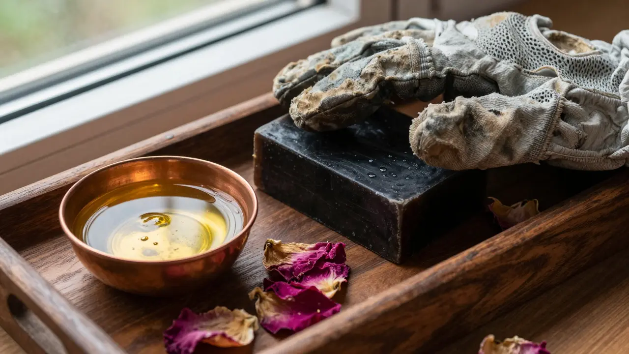 A kessa glove and black soap on a wooden tray with rose petals nearby.