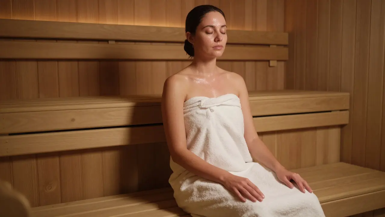 A person in a white towel sitting peacefully in a sauna, eyes closed, in a calm and serene setting.