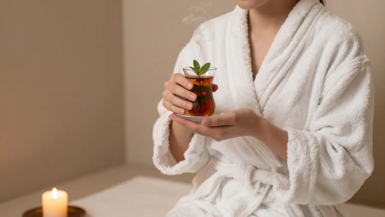 A person relaxing in a robe, sipping mint tea after a hammam session.