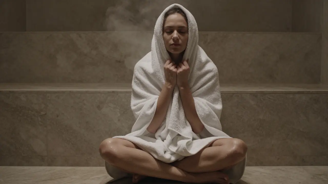 A person resting in a towel, eyes closed, in a calm cool room after a hammam session.