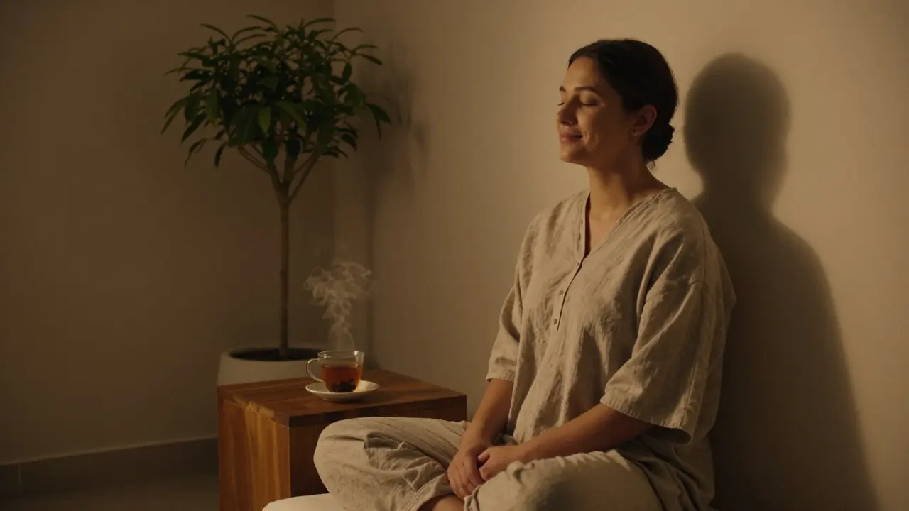 A person sitting quietly after a tantric massage, eyes closed, smiling peacefully.