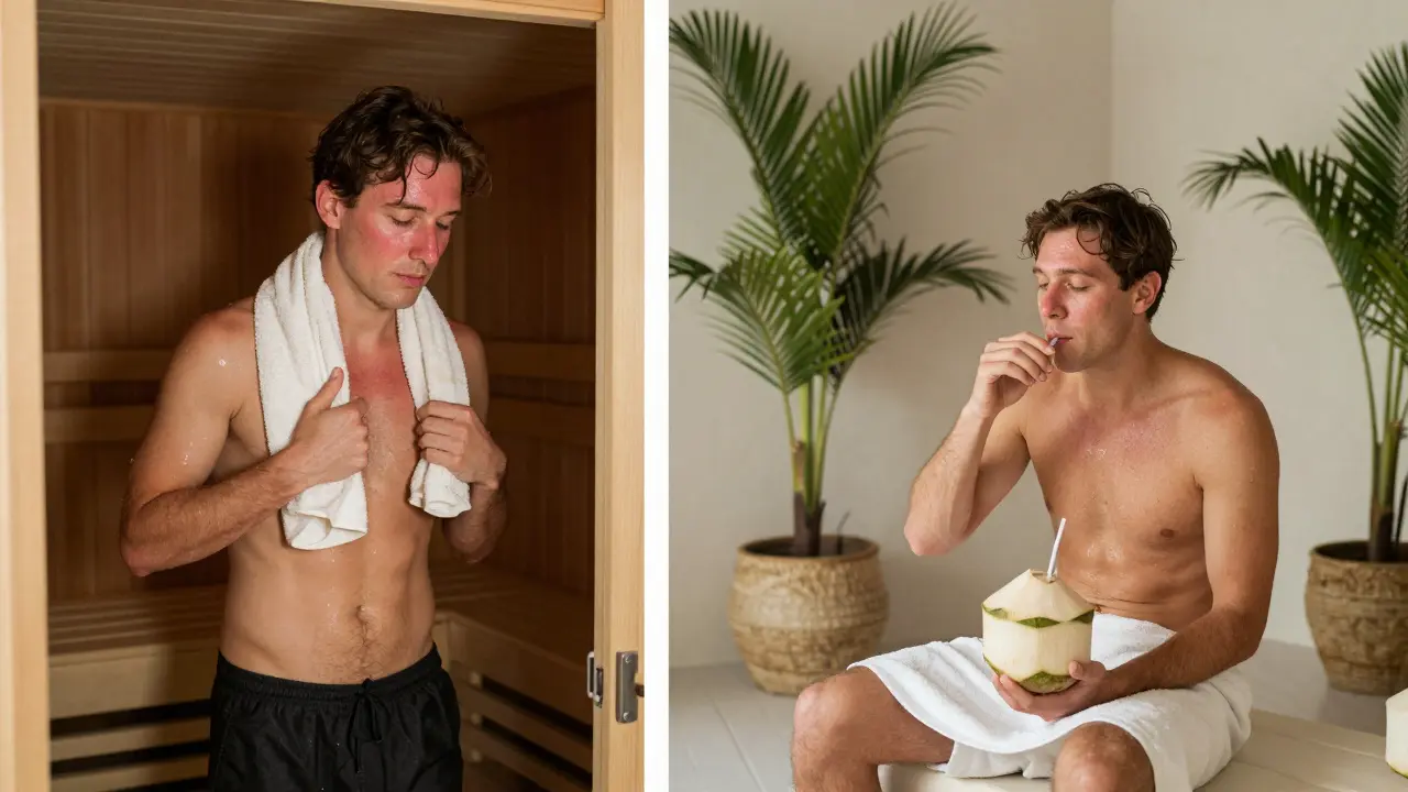 A person transitioning from a hot sauna to a cool lounge, drinking water to rehydrate.