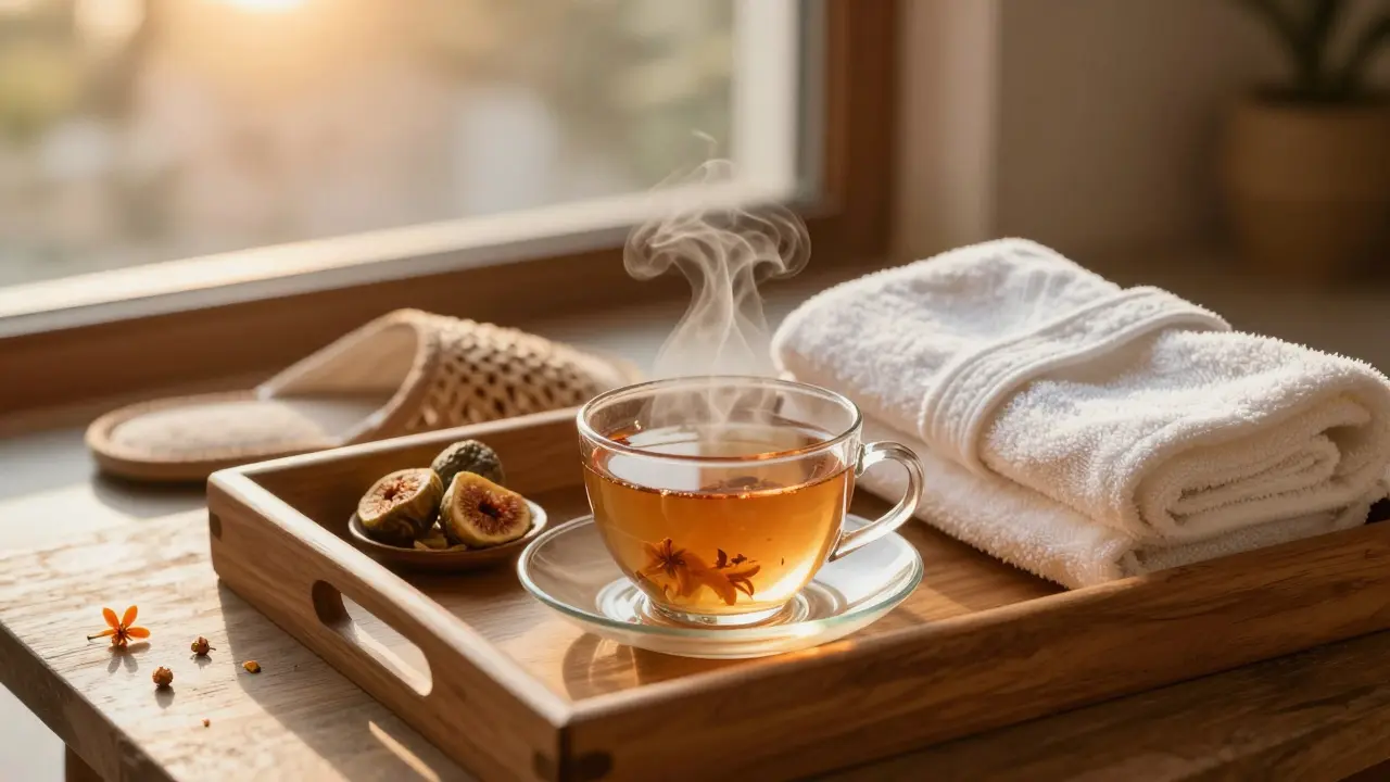 A post-massage tray with herbal tea, dried figs, and slippers beside a window in warm sunset light.