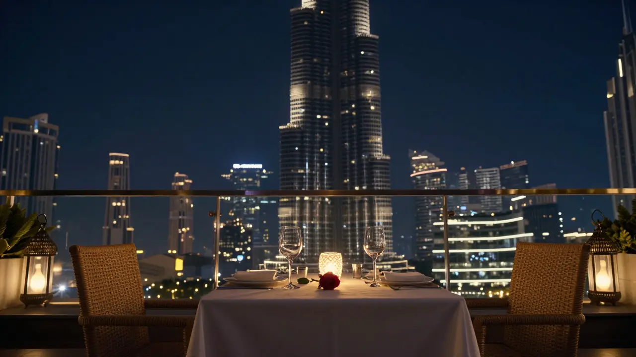 A private rooftop dinner with lanterns and view of Burj Khalifa.